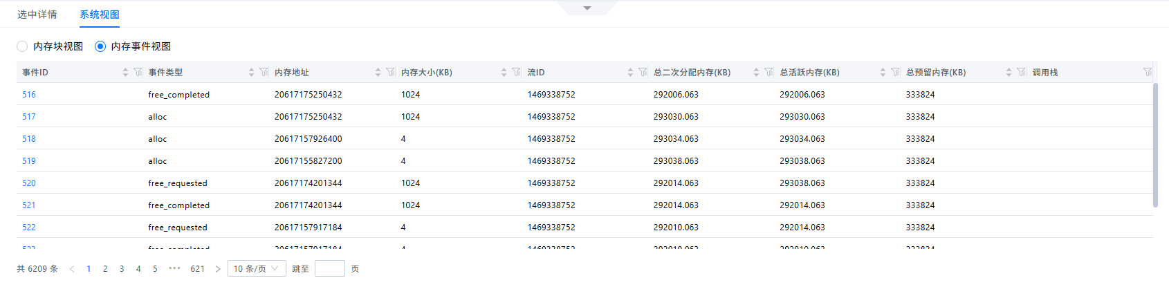 快照内存事件视图
